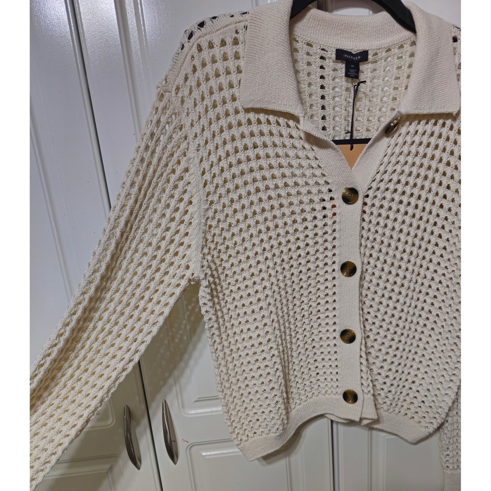 Halogen Womens Cream Open Knit Mesh Cardigan Sweater Polo Collar Size M NWT - Picture 6 of 8